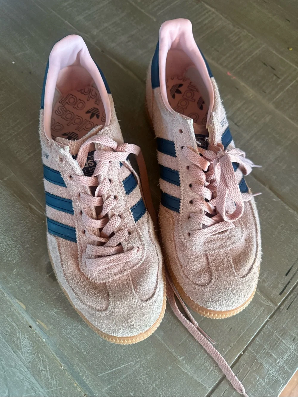 adidas Suede Sneakers in Blush Pink with Navy Stripes